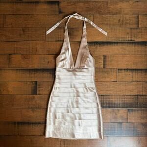 bcbgmaxazria champagne satin halter midi dress size 0